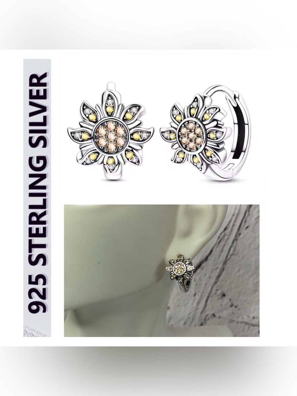 🌟🌟 S925 Sterling Silver Daisy Hoop Earrings with Citrine Crystal